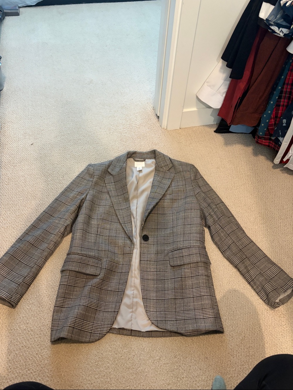 H&M oversized Checked Glen Plaid Single-Button Blazer in Gray and Brown